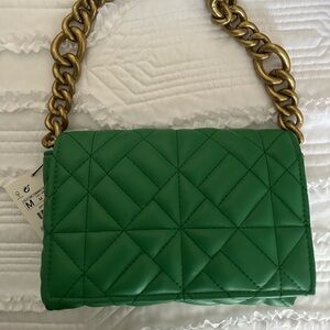 Zara Green Quilted Shoulder Bag with Gold Chain